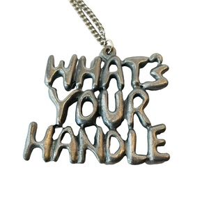 CB Guide Silvertone Chain Link WHATS YOUR HANDLE Pendant Necklace CB Radio Talk